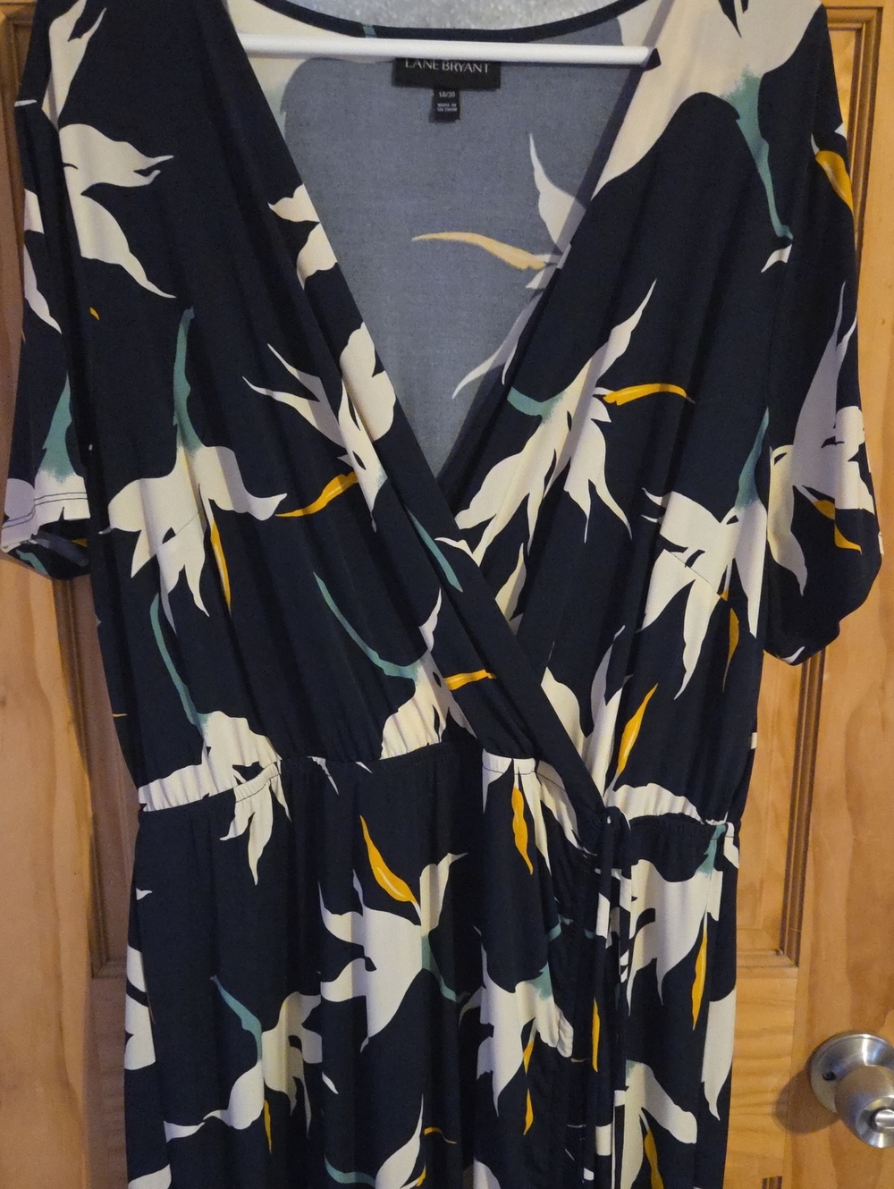 Lane Bryant Navy Floral Wrap Maxi Dress with Cream, Teal, and Mustard Accents